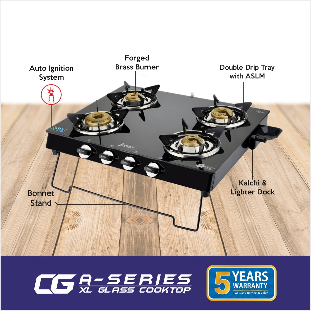UCOOK JUNTO By United Ekta Engg. CG5004|A series XL Four Burners Glass cooktop, Black