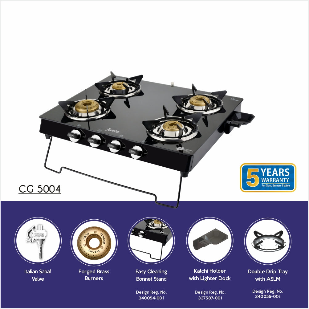 UCOOK JUNTO By United Ekta Engg. CG5004|A series XL Four Burners Glass cooktop, Black