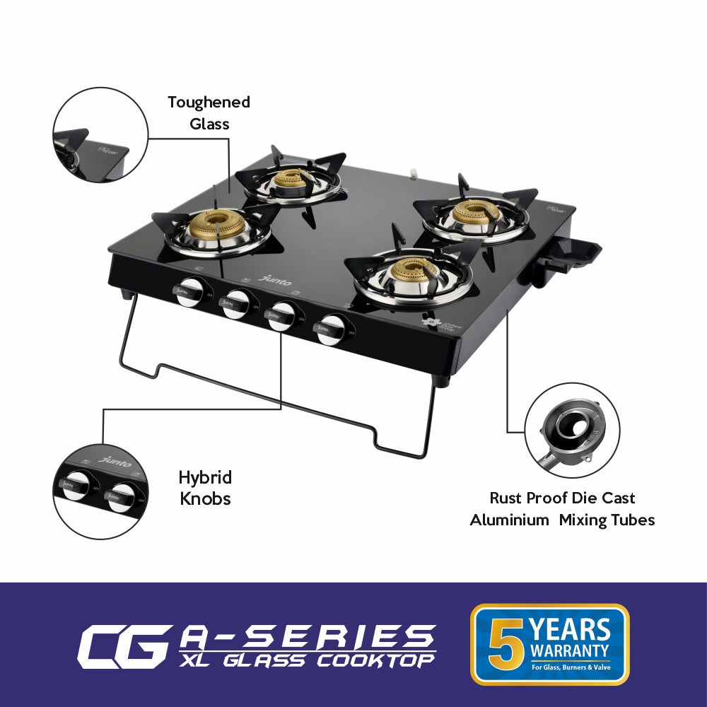 UCOOK JUNTO By United Ekta Engg. CG5004|A series XL Four Burners Glass cooktop, Black