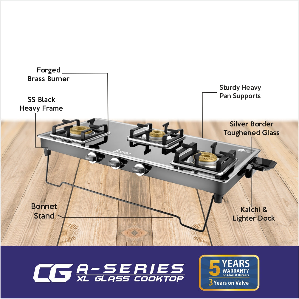 UCOOK JUNTO By United Ekta Engg. CG8023|A Series XL 3-Burner Glass Cooktop, Black & Silver