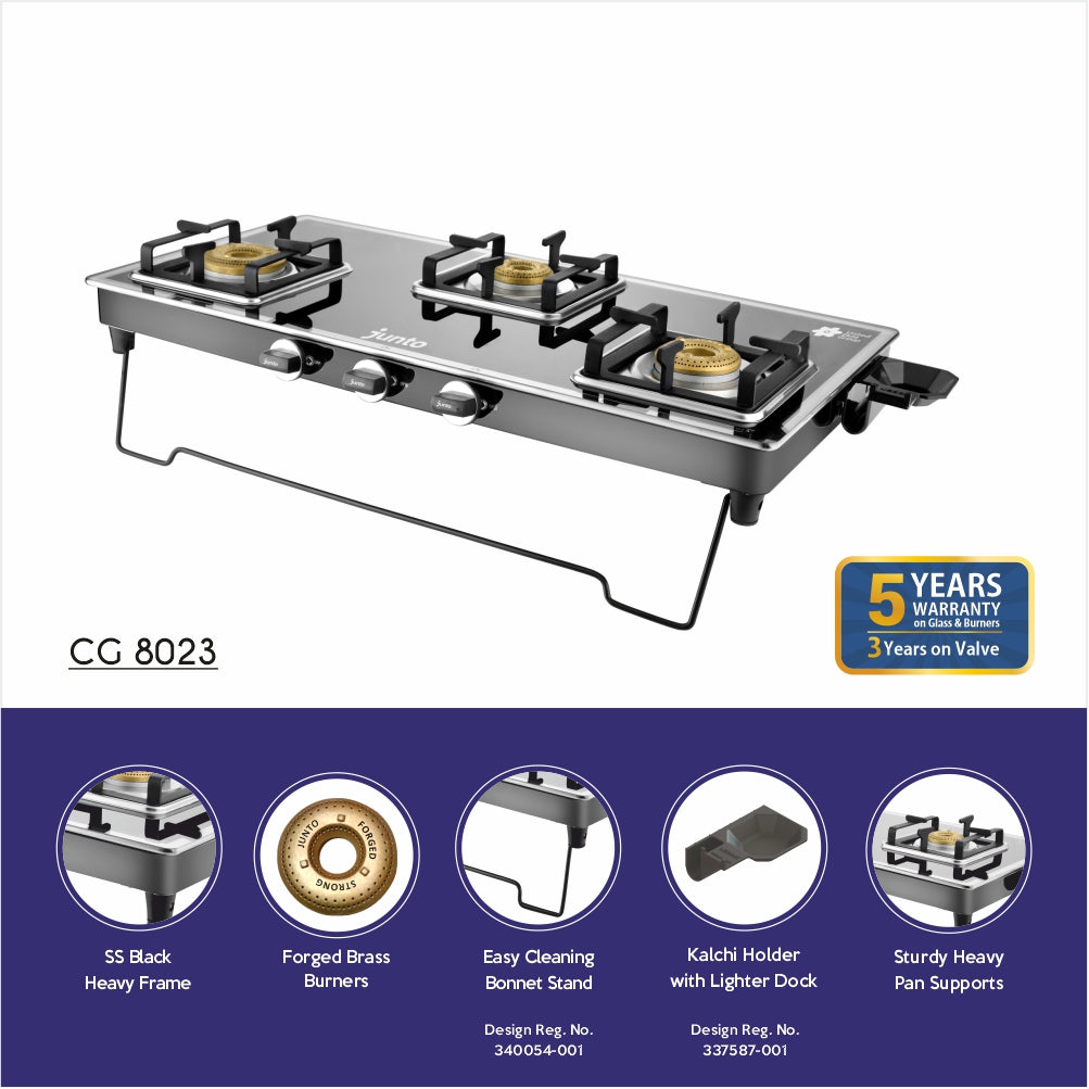 UCOOK JUNTO By United Ekta Engg. CG8023|A Series XL 3-Burner Glass Cooktop, Black & Silver