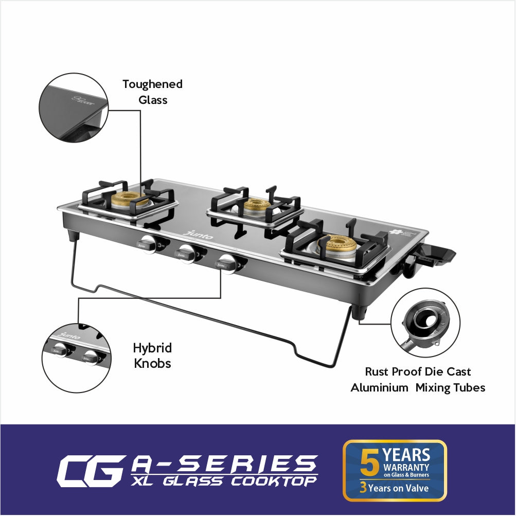 UCOOK JUNTO By United Ekta Engg. CG8023|A Series XL 3-Burner Glass Cooktop, Black & Silver