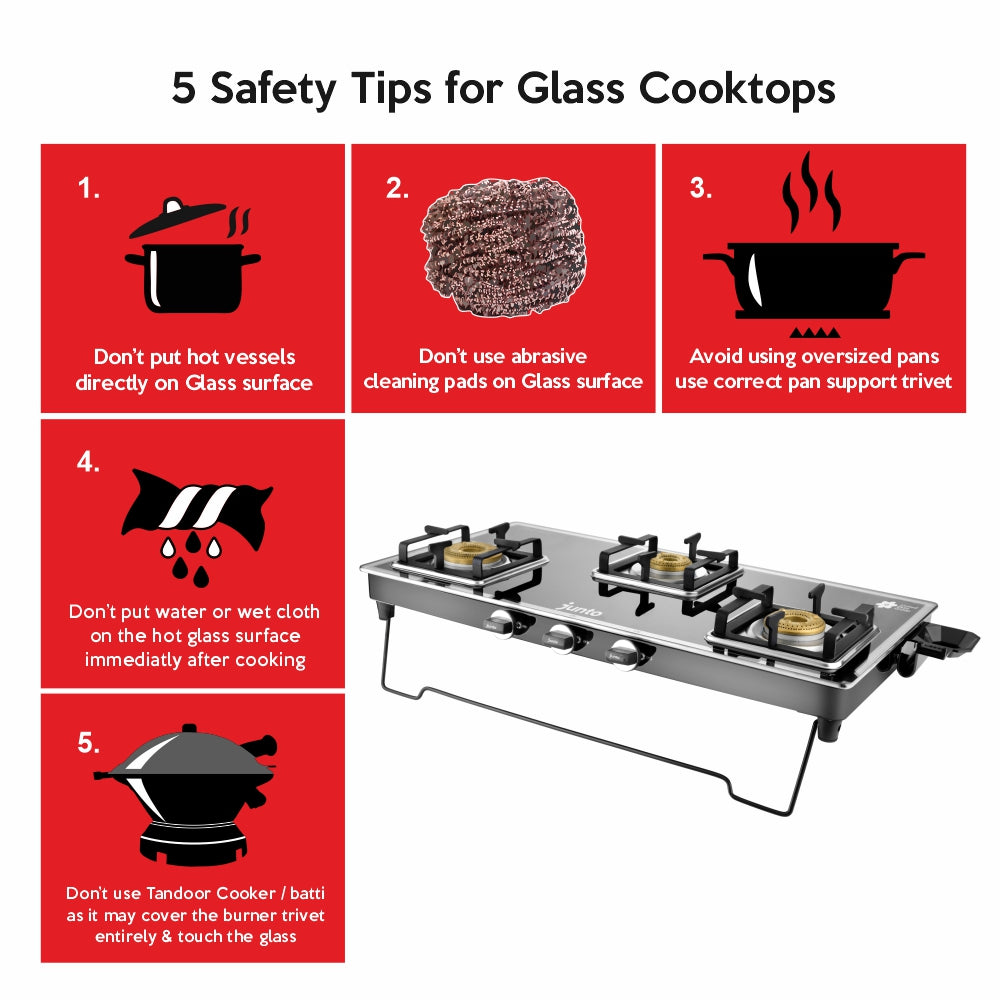 UCOOK JUNTO By United Ekta Engg. CG8023|A Series XL 3-Burner Glass Cooktop, Black & Silver