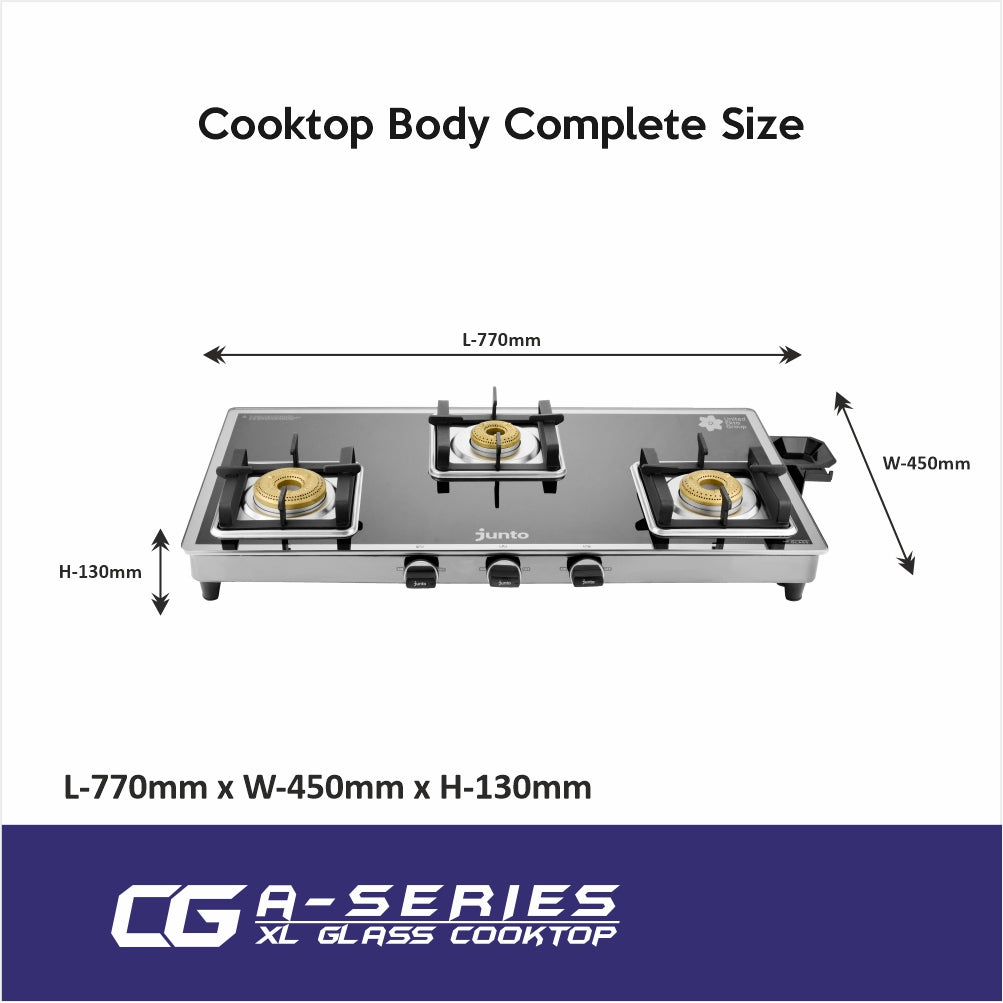 UCOOK JUNTO By United Ekta Engg. CG8023|A Series XL 3-Burner Glass Cooktop, Black & Silver