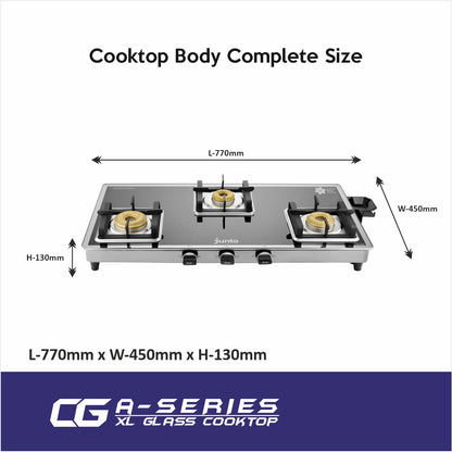 UCOOK JUNTO By United Ekta Engg. CG8023|A Series XL 3-Burner Glass Cooktop, Black & Silver