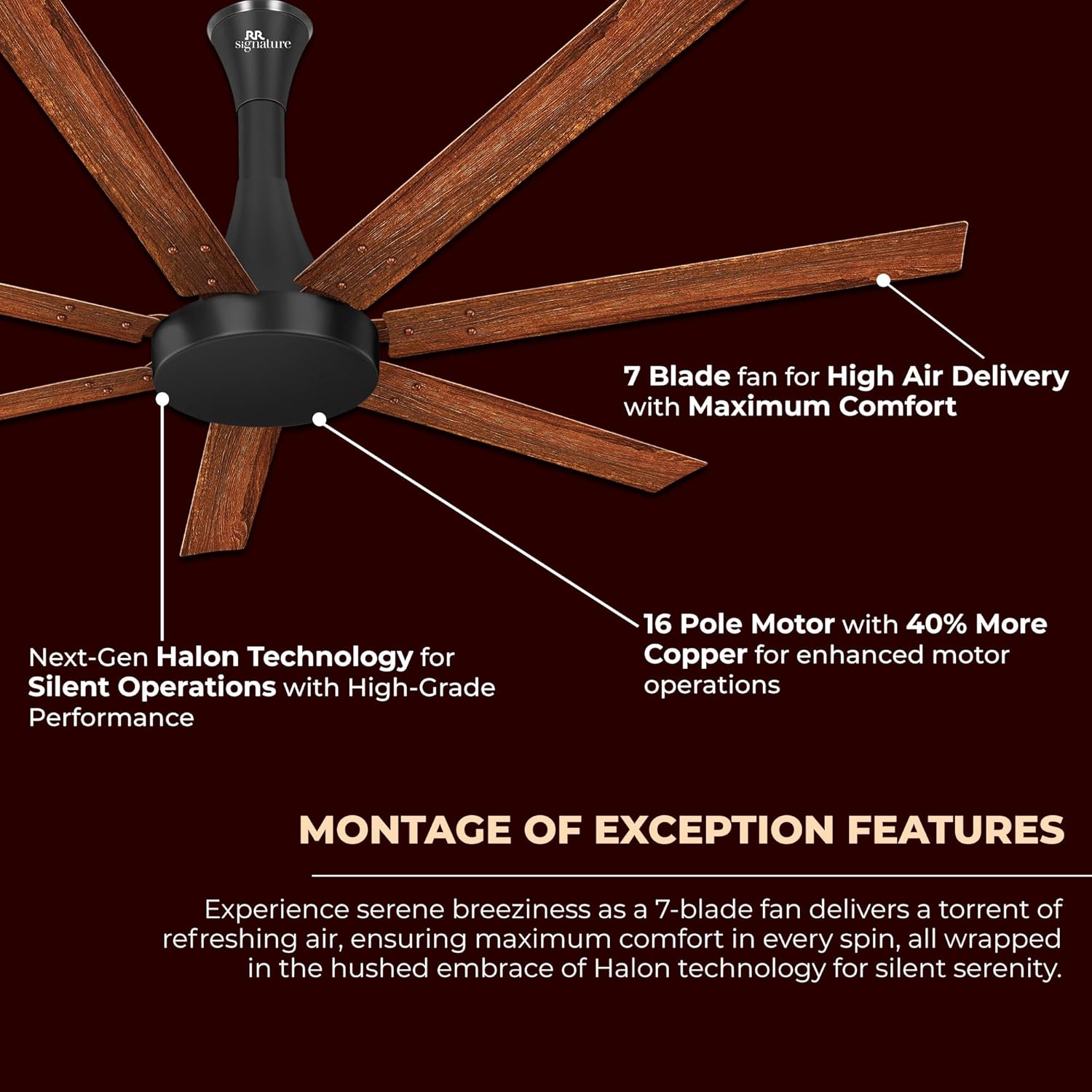 RR Signature Aethar Flow 52"High Air Delivery Ceiling Fan with 7 Blades, Low Noise, 16 Pole 40% More Copper Motor (Mahogany), 5 Year Warranty, Free Installation