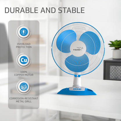 V-Guard Esfera Table Fan | 3 Speed Settings | 1350 RPM Powerful Motor | Corrosion Resistant Powder-Coated Metal Guards | White Blue | 40cm (400mm)