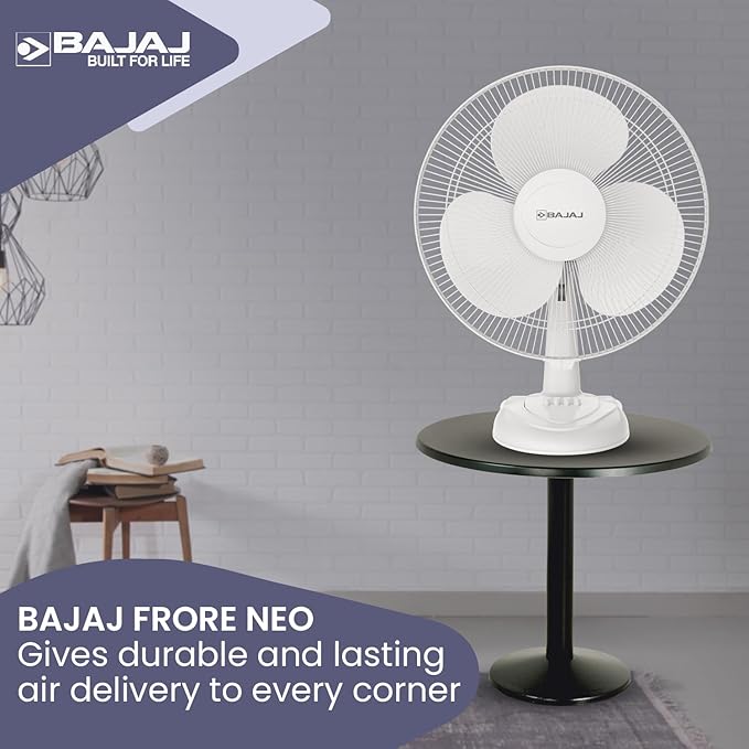 Bajaj Frore Neo Table Fan 400 MM | Table Fans For Home & Office | Aerodynamically Balanced Blades | 100% Copper Motor | High Air Delivery | 3-Speed Control | 2-Yrs Warranty 【White】