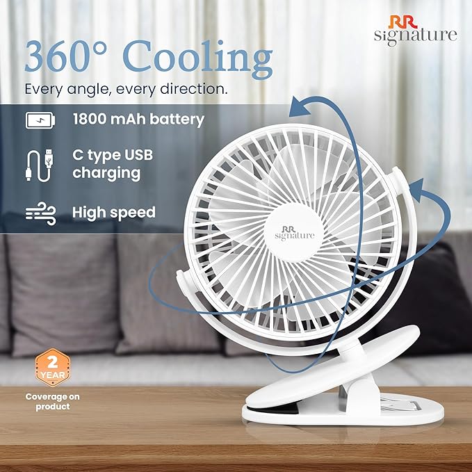 RR Signature Buddy Mini 110mm Portable Clip Fan | 4H Battery | Silent & C type Rechargeable | 360° Rotation | Multi-Clip Function | Portable Cooling | Personal Cooling Fan For Home [PRISTINE WHITE]