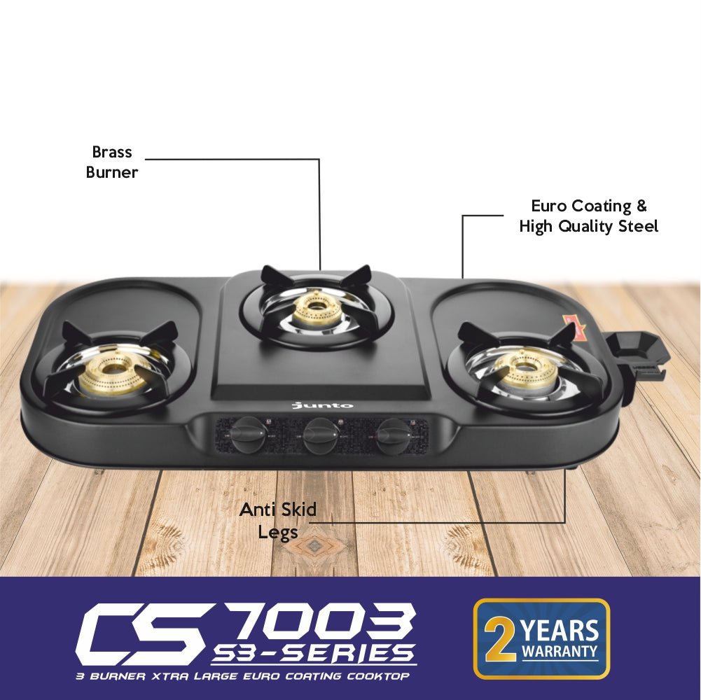 UCOOK JUNTO By United Ekta Engg. CS7003 3-Burner MS Euro Coated Body Steel Cooktop, Black