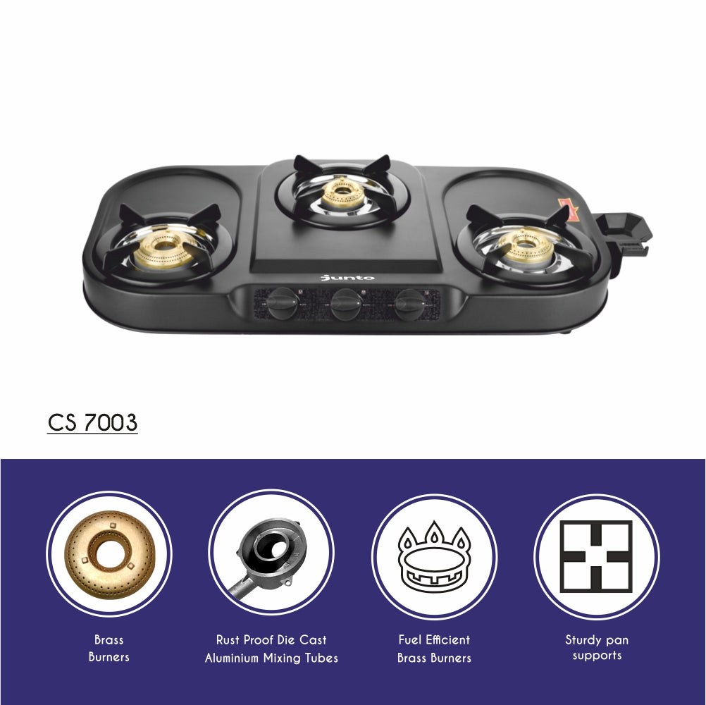 UCOOK JUNTO By United Ekta Engg. CS7003 3-Burner MS Euro Coated Body Steel Cooktop, Black