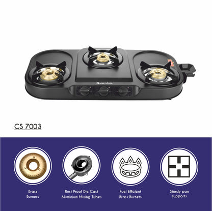 UCOOK JUNTO By United Ekta Engg. CS7003 3-Burner MS Euro Coated Body Steel Cooktop, Black