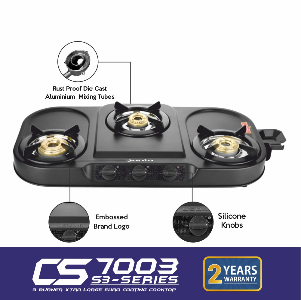 UCOOK JUNTO By United Ekta Engg. CS7003 3-Burner MS Euro Coated Body Steel Cooktop, Black