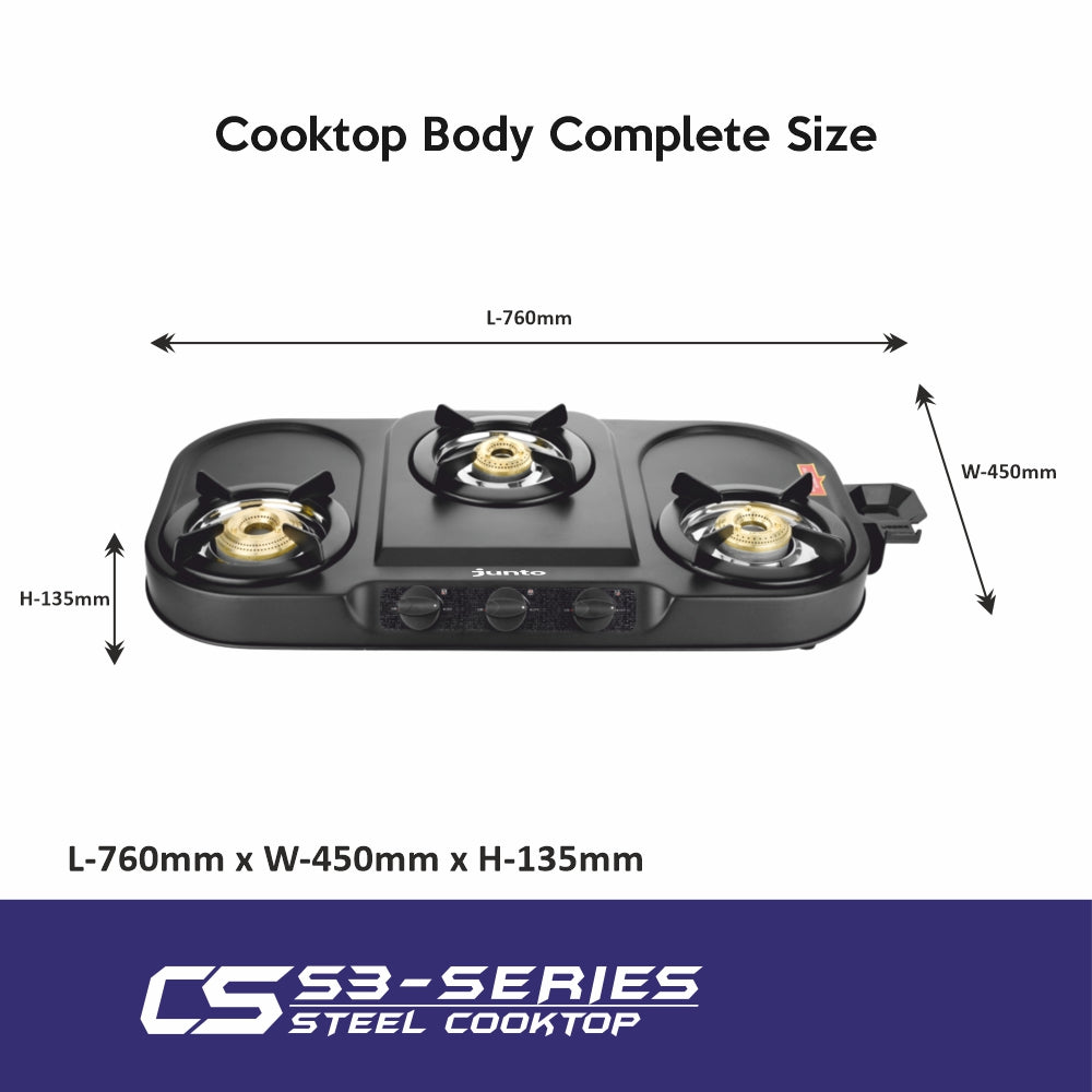 UCOOK JUNTO By United Ekta Engg. CS7003 3-Burner MS Euro Coated Body Steel Cooktop, Black