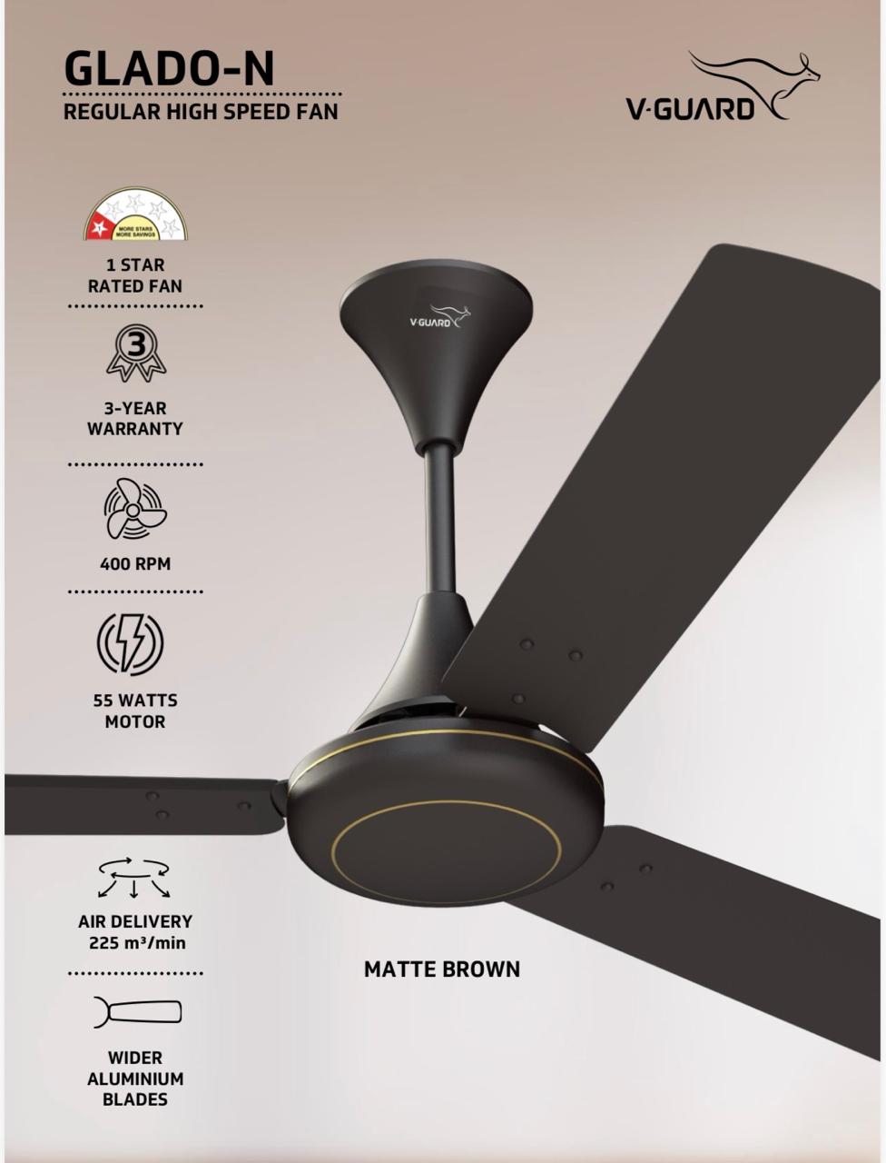 V-Guard Glado-N Ultra High-Speed Ceiling Fan for Home | 400 RPM | Aerodynamically Designed Blades | 1.2M Sweep | Matt Brown