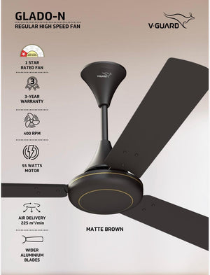 V-Guard Glado-N Ultra High-Speed Ceiling Fan for Home | 400 RPM | Aerodynamically Designed Blades | 1.2M Sweep | Matt Brown