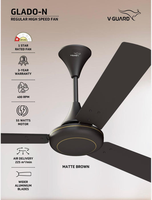V-Guard Glado-N Ultra High-Speed Ceiling Fan for Home | 400 RPM | Aerodynamically Designed Blades | 1.2M Sweep | Matt Brown