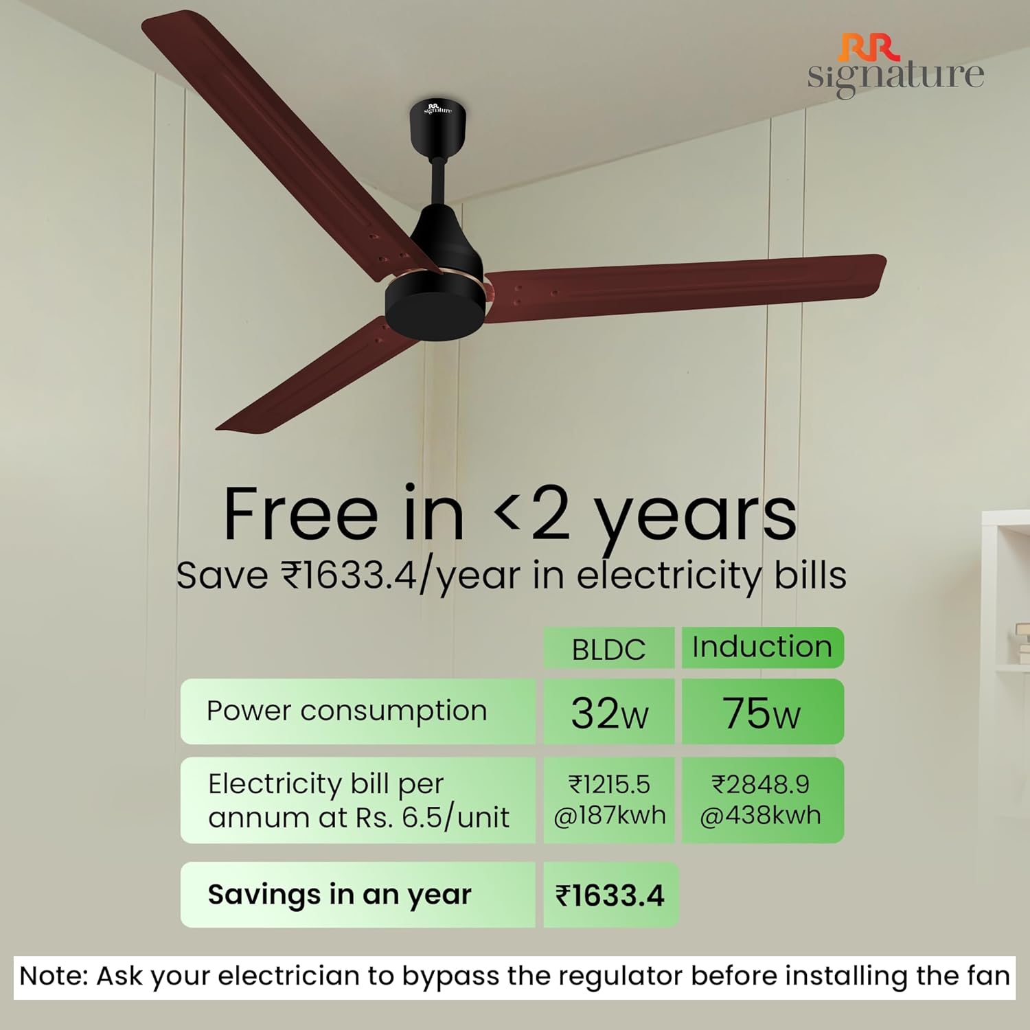 RR Signature INNOVO Motor 1200mm BLDC Ceiling Fan | Remote Control | 5-Star BEE Rated | High Air Delivery | Low Noise | Energy Efficient Design | 3+2-Year Warranty [BROWN]