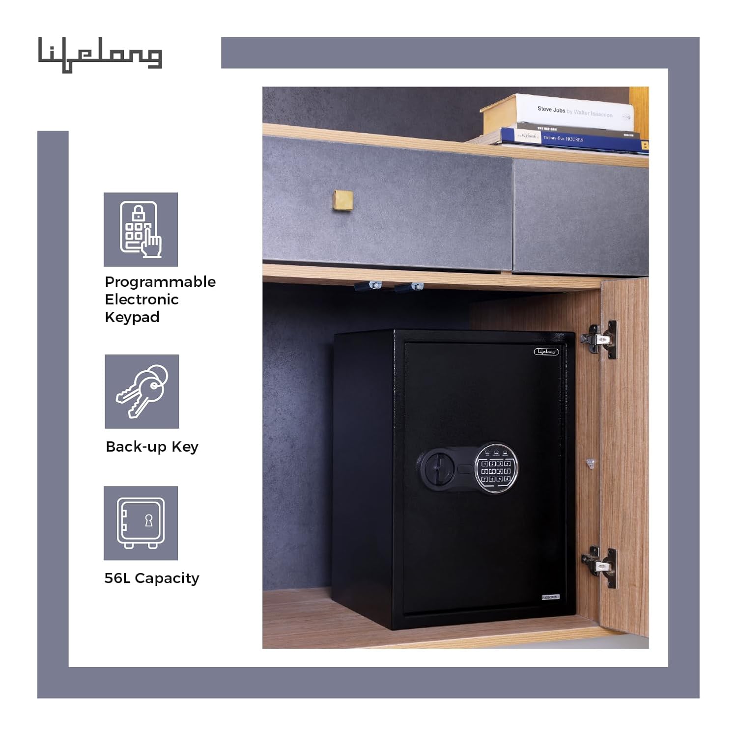 Lifelong 56 L Digital Safe Locker Box For Home & Office | Essential Smart Home Locker For Gold, Jewellery, Cash | Tijori Box | Electoric Keypad & Keys | Wardrobe Compatible, 1 Yr Warranty, Black