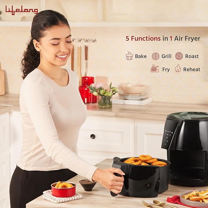 Lifelong Air Fryer | 1 Year Warranty | 1350W, 4.2L, Air Fryer for Home, Digital Air-Fryer with 6 Presets, Hot Air Circulation, Temperature & Timer Control, Up to 90% Less Oil Usage (Black)