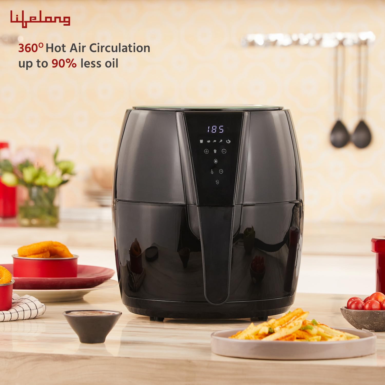 Lifelong Air Fryer | 1 Year Warranty | 1350W, 4.2L, Air Fryer for Home, Digital Air-Fryer with 6 Presets, Hot Air Circulation, Temperature & Timer Control, Up to 90% Less Oil Usage (Black)