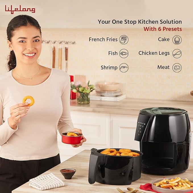 Lifelong Air Fryer | 1 Year Warranty | 1350W, 4.2L, Air Fryer for Home, Digital Air-Fryer with 6 Presets, Hot Air Circulation, Temperature & Timer Control, Up to 90% Less Oil Usage (Black)