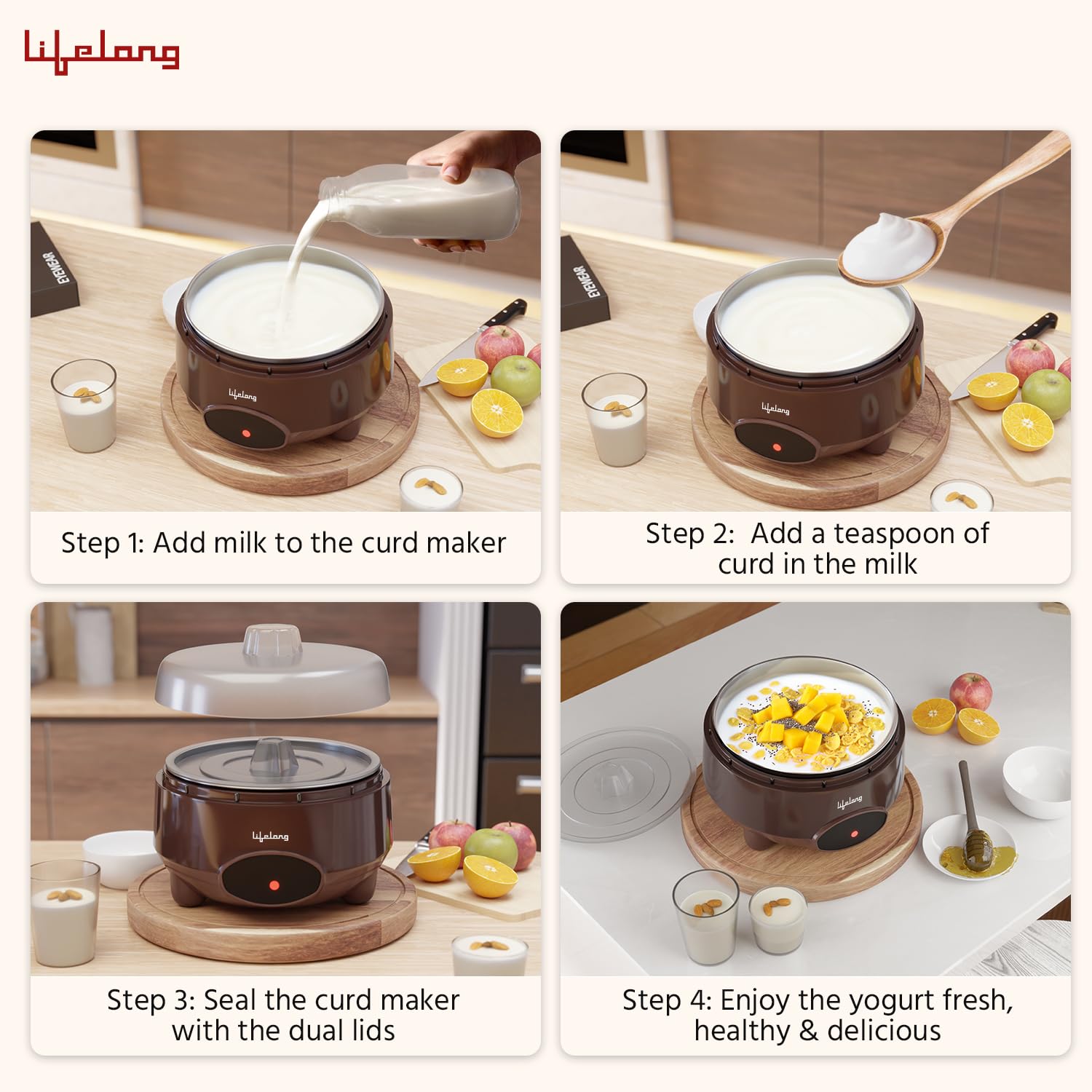 Lifelong Yogurt & Curd Maker for Home | Automatic Curd Maker with Auto Temperature Regulation | Electric Probiotic Yogurt Maker Machine for Kitchen (1 Litre) | 304 Stainless Steel Container (LLECM09)