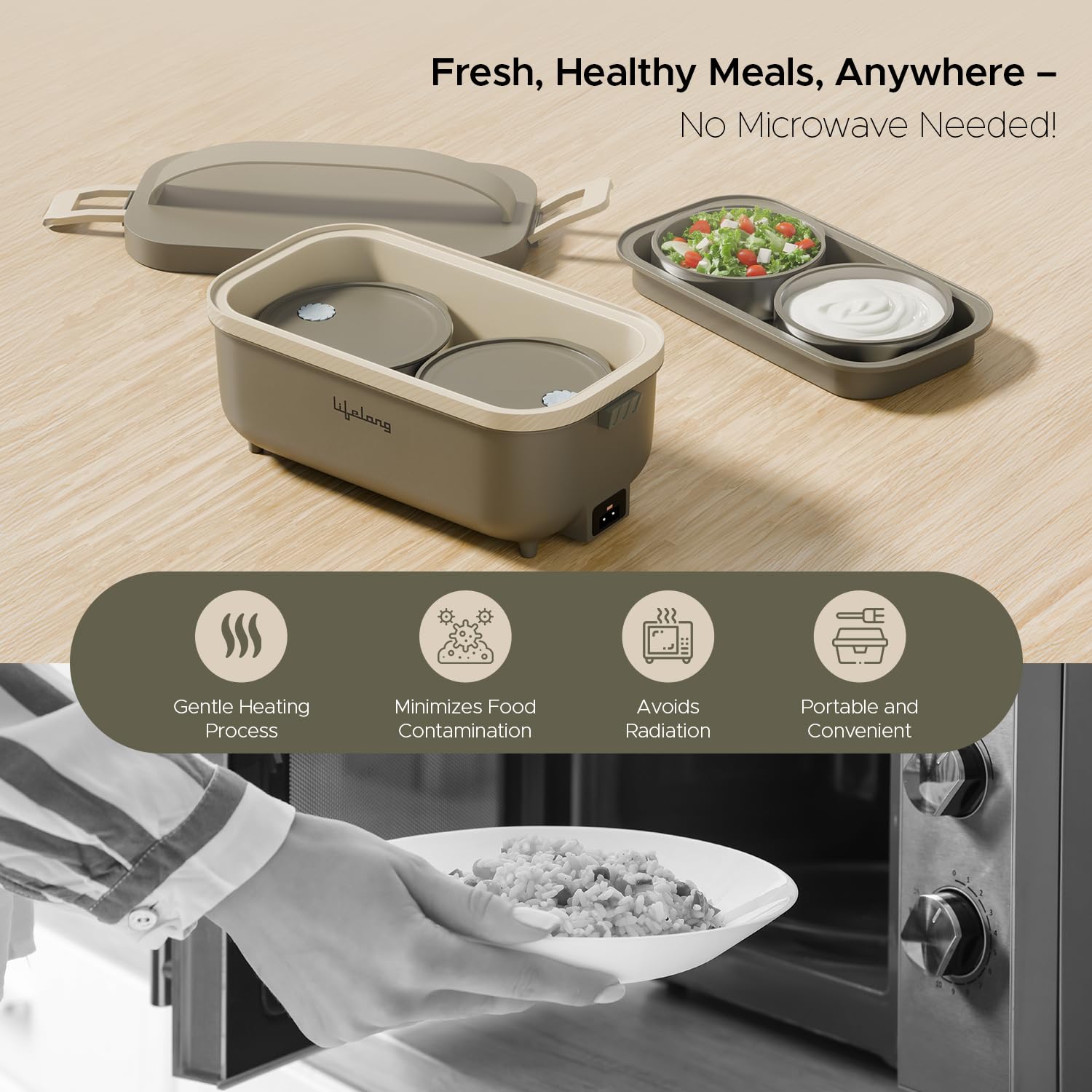 Lifelong Electric Lunch Box | Food Warmer | Set of 4 (2pcs 300ml + 2pcs 175ml) Retains Nutrients & Keeps Food Fresh |Radiation-Free, Plug-and-Heat |Portable, Durable, Shock-Proof | Hot Meals (LLELB01)