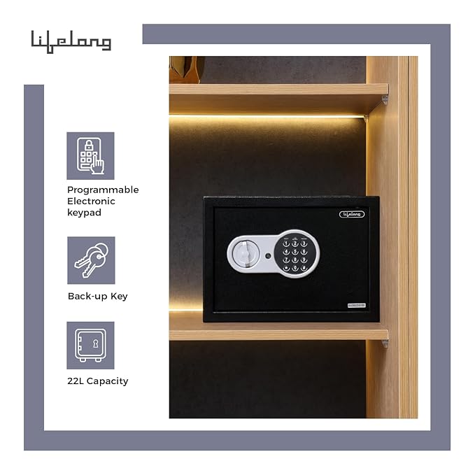 Lifelong 22 L Carbon Steel Digital Safe Locker Box For Home & Office | Inbuilt LED Light | Essential Smart Home Locker for Gold, Jewellery, Cash | Tijori Box, Wardrobe Compatible, 1 Yr Warranty, Black