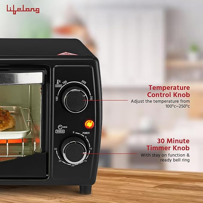Lifelong OTG 10 Litre - Electric Oven Toaster Griller for Kitchen- 1000 W Auto Shut Off & 30 Minute Timer Control - Machine for Baking Pizza, Cake, Grilling Chicken & Toasting Bread at Home