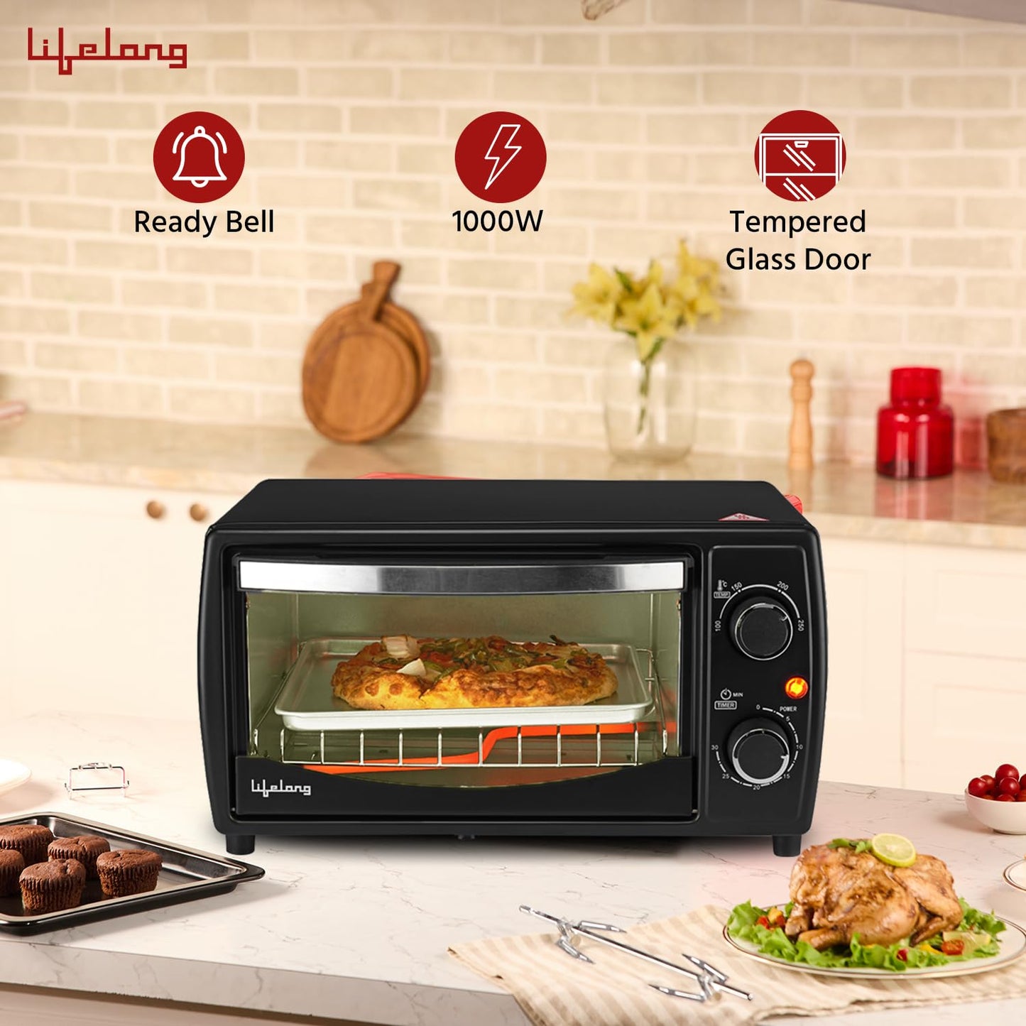 Lifelong OTG 10 Litre - Electric Oven Toaster Griller for Kitchen- 1000 W Auto Shut Off & 30 Minute Timer Control - Machine for Baking Pizza, Cake, Grilling Chicken & Toasting Bread at Home