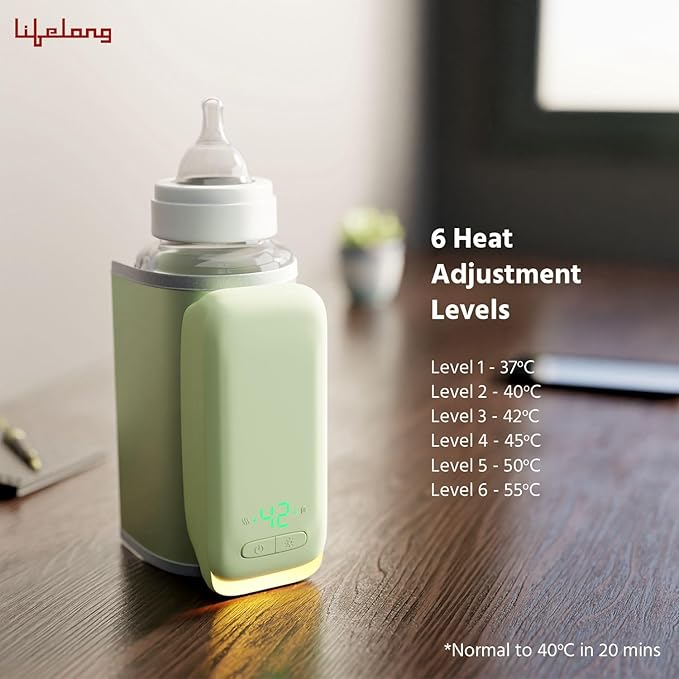 Lifelong Portable Bottle Warmer for Babies|USB Rechargeable|6 Temperature Settings with Display|Baby Feeding Bottle Warmer for Travel |Also Charge from Powerbanks (Llebw09),Green