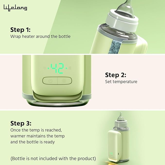 Lifelong Portable Bottle Warmer for Babies|USB Rechargeable|6 Temperature Settings with Display|Baby Feeding Bottle Warmer for Travel |Also Charge from Powerbanks (Llebw09),Green