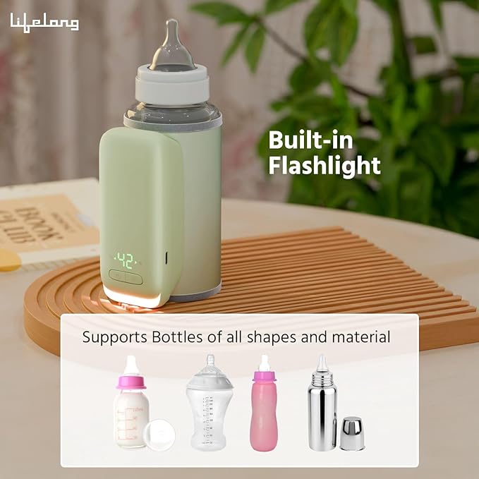 Lifelong Portable Bottle Warmer for Babies|USB Rechargeable|6 Temperature Settings with Display|Baby Feeding Bottle Warmer for Travel |Also Charge from Powerbanks (Llebw09),Green