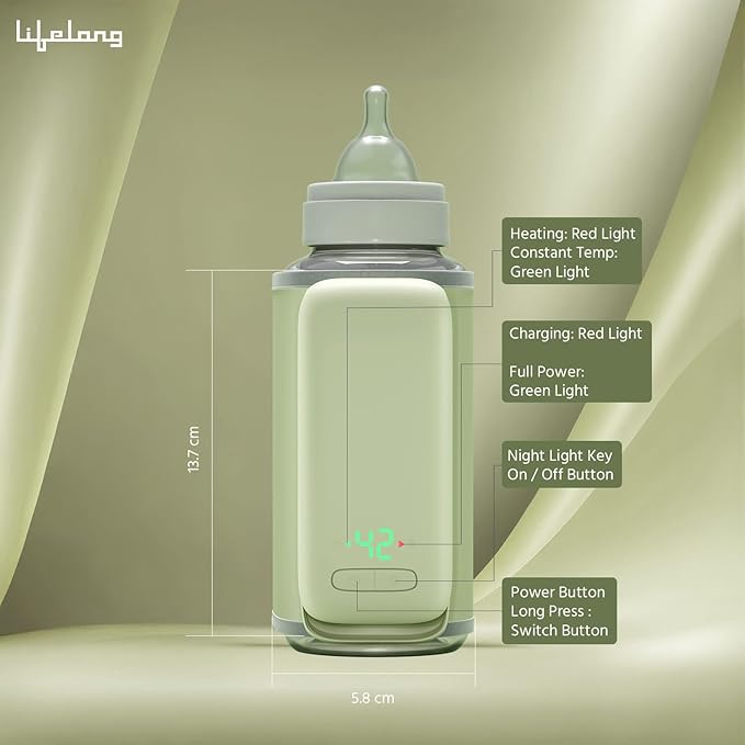 Lifelong Portable Bottle Warmer for Babies|USB Rechargeable|6 Temperature Settings with Display|Baby Feeding Bottle Warmer for Travel |Also Charge from Powerbanks (Llebw09),Green