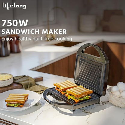 Lifelong Sandwich Griller 750 W, Classic Pro - Auto Cut off & Power Indicator | Sandwich Maker with 4 Slice Non-Stick | Fixed Plates for Sandwiches at Home with 1 Year Warranty (Black)