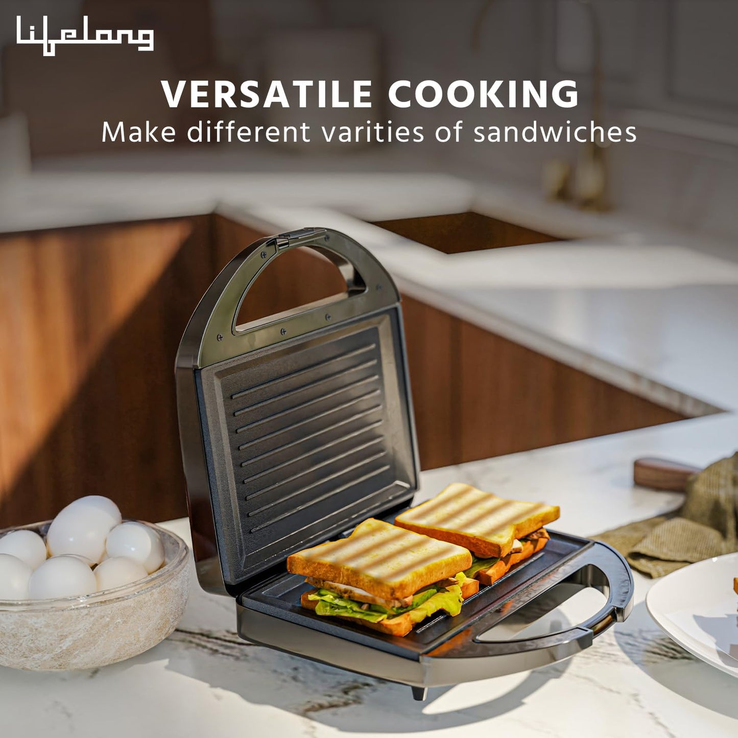Lifelong Sandwich Griller 750 W, Classic Pro - Auto Cut off & Power Indicator | Sandwich Maker with 4 Slice Non-Stick | Fixed Plates for Sandwiches at Home with 1 Year Warranty (Black)