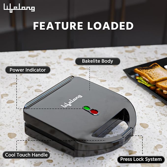 Lifelong Sandwich Griller 750 W, Classic Pro - Auto Cut off & Power Indicator | Sandwich Maker with 4 Slice Non-Stick | Fixed Plates for Sandwiches at Home with 1 Year Warranty (Black)