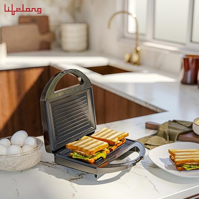 Lifelong Sandwich Griller 750 W, Classic Pro - Auto Cut off & Power Indicator | Sandwich Maker with 4 Slice Non-Stick | Fixed Plates for Sandwiches at Home with 1 Year Warranty (Black)