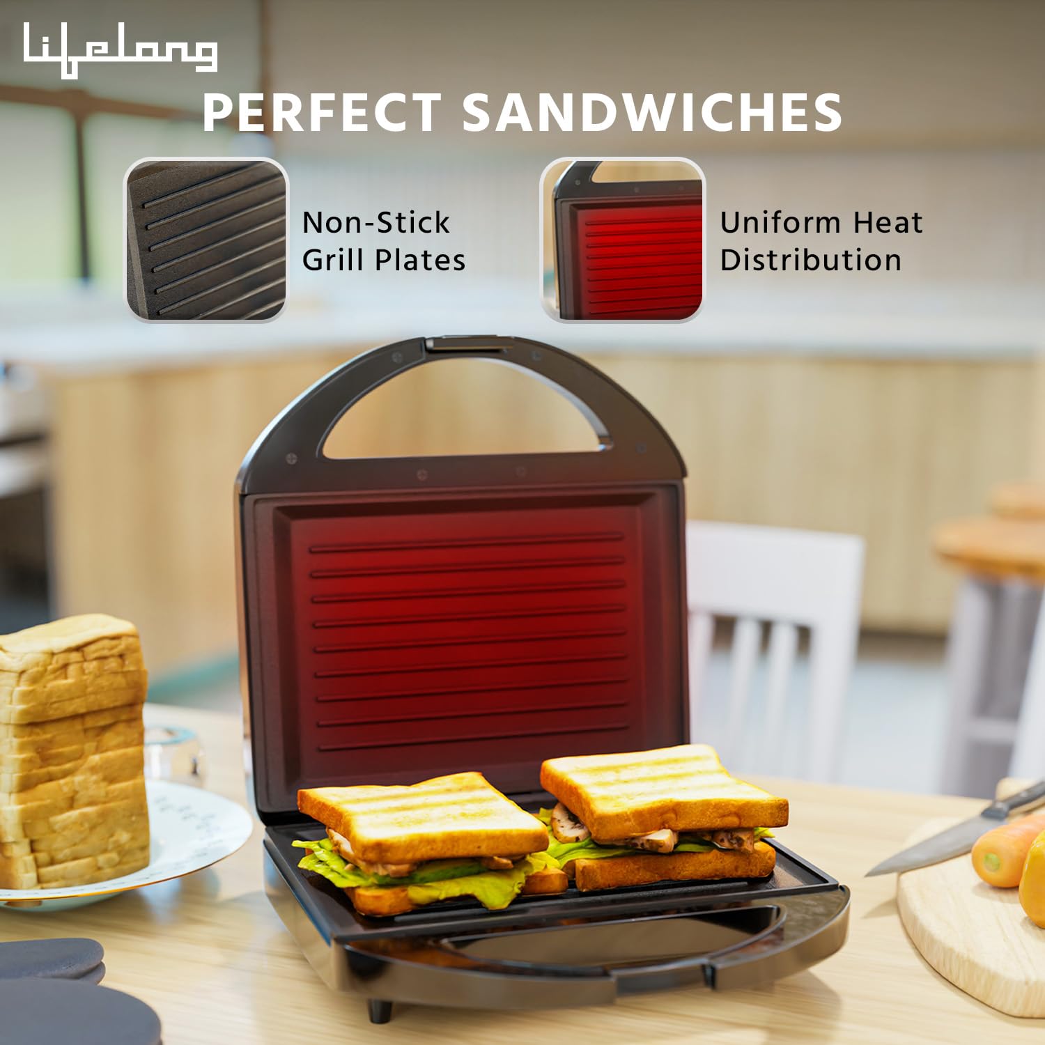 Lifelong Sandwich Griller 750 W, Classic Pro - Auto Cut off & Power Indicator | Sandwich Maker with 4 Slice Non-Stick | Fixed Plates for Sandwiches at Home with 1 Year Warranty (Black)