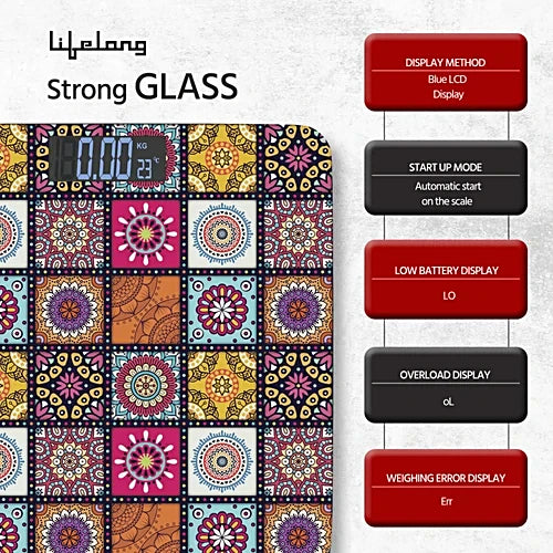 Lifelong Mystical Weight Machine - Multicolour|Digital Weight Machine for Body Weight|Thick Tempered Glass with LCD Display|Bathroom Weighing Scale