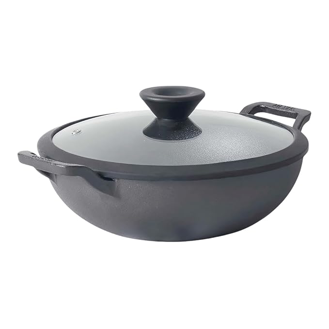 Meyer Pre-Seasoned Cast Iron Kadai with Lid | 26 cm | 3 Litre | Heavy Base | Induction & Gas Stove Compatible | Black