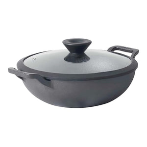 Meyer Pre-Seasoned Cast Iron Kadai with Lid | 26 cm | 3 Litre | Heavy Base | Induction & Gas Stove Compatible | Black
