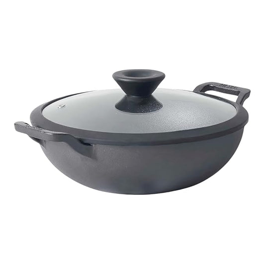Meyer Pre-Seasoned Cast Iron Kadai with Lid | 26 cm | 3 Litre | Heavy Base | Induction & Gas Stove Compatible | Black
