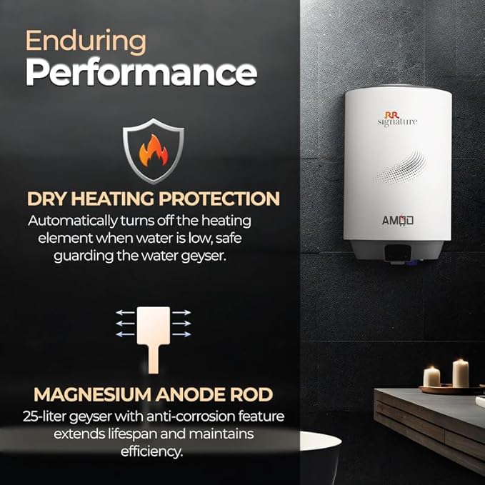 RR Signature Amod 10L Star Rated Storage Water Heater for Home | Glass Line Tank Geyser | 8 Bar, Suitable for High Rise |Thermal Cutout |Safety Valve 2 Yr Warranty on Product & 8 Yr on Tank by RR