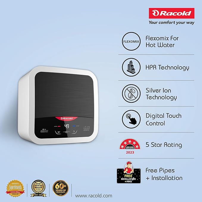 Racold Omnis DG 25L Vertical 5 Star Storage Water Heater (Geyser) Black Digital Display Touch Control Auto Diagnosis Suitable for High Rise Buildings Free Standard Installation & Pipes, Wall Mounting