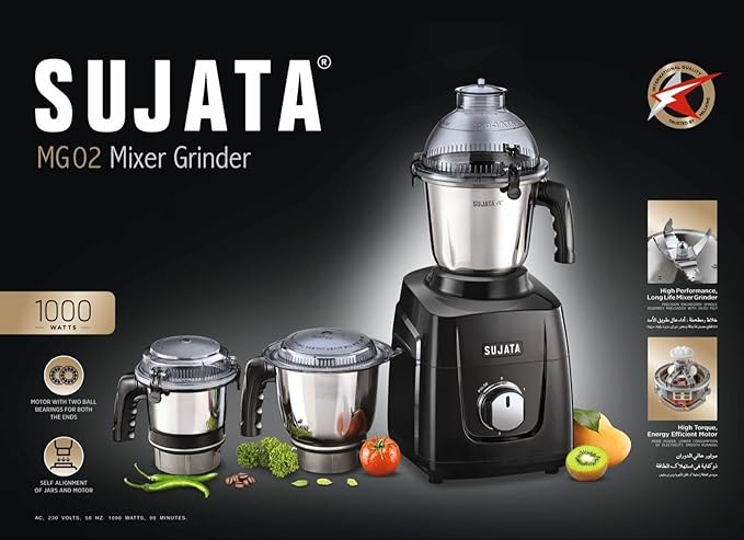 Sujata MG 02 The New Generation Mixer Grinder (3 Jars) ABS, Black, 1000 Watts