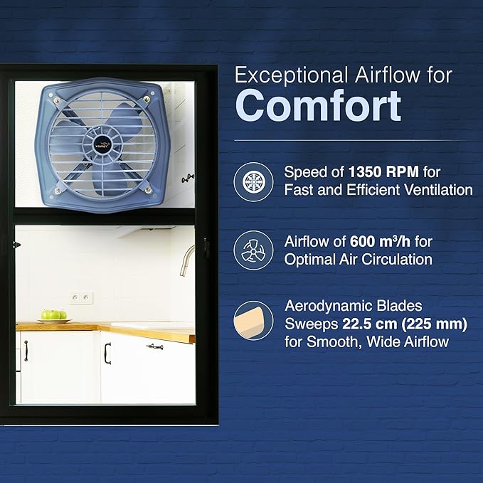 V-Guard Shovair S12 Exhaust Fan for Kitchen, Bathroom & Office | High Speed: 1350 RPM | Sweep: 22.5cm (300 mm) | 2 Year Warranty | (Misty Grey)