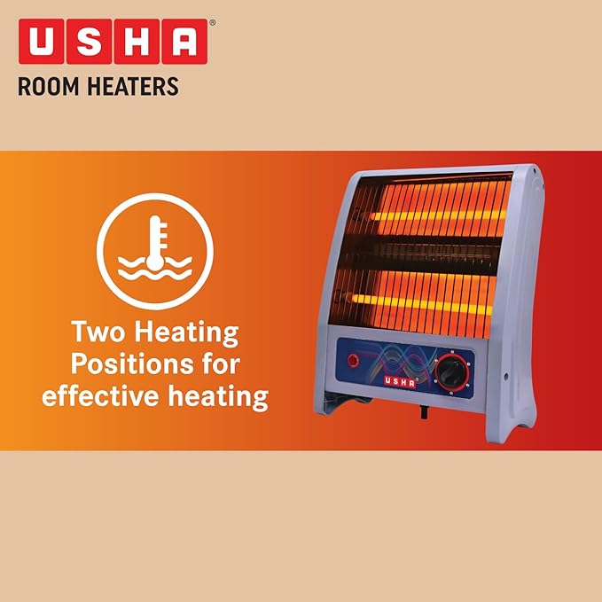 Usha 2 Rod 800 Watt Quartz Heater with Low Power Consumption and Tip Over Protection (4302, Grey)