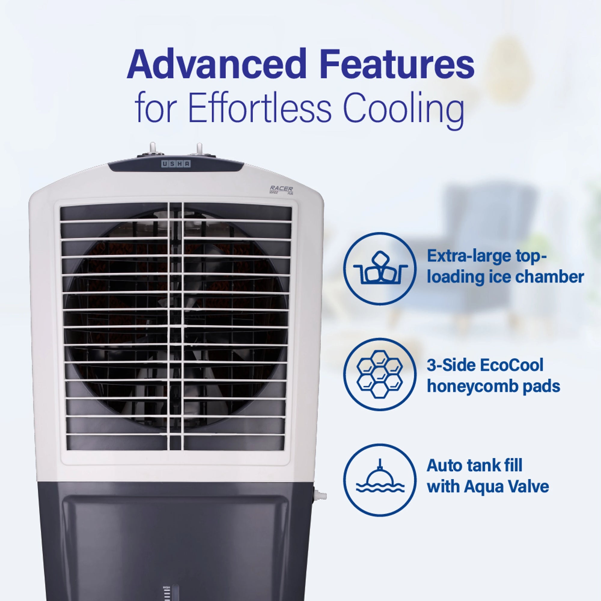 USHA Racer 95 L Desert Air Cooler |Grey & White, Racer 95|